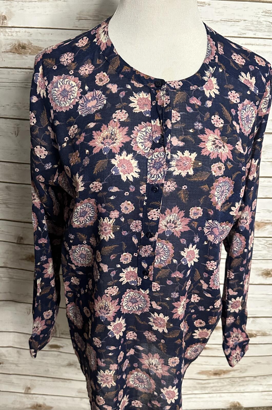 Lucky Brand boho navy/pink semi-sheer long sleeve floral peasant top Size Large