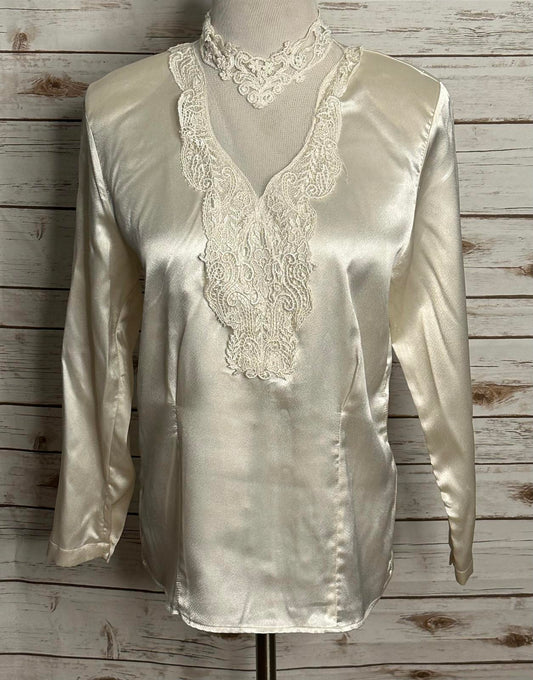 Vintage Victorian ivory satin w/ lace bib high neck long sleeve blouse Size 8