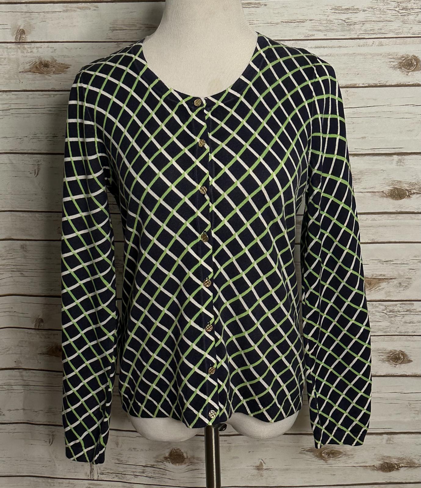 Talbots classic cotton navy geometric gold button-front cardigan sweater Medium