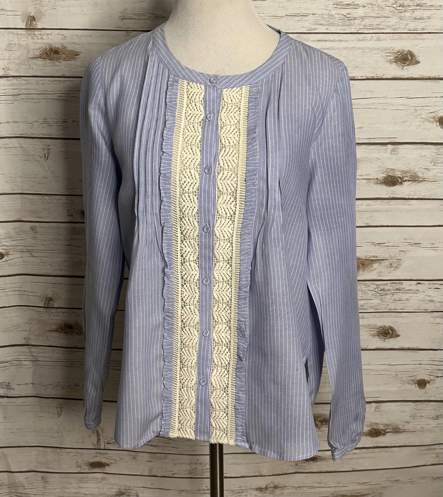 Anthropologie Daniel Rainn boho light blue/white pinstripe lace inset blouse Size Large