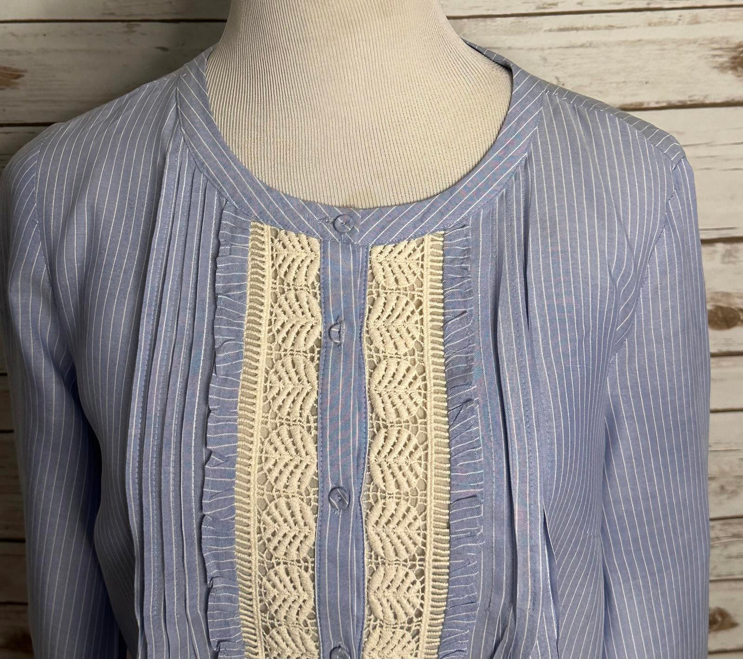 Anthropologie Daniel Rainn boho light blue/white pinstripe lace inset blouse Size Large