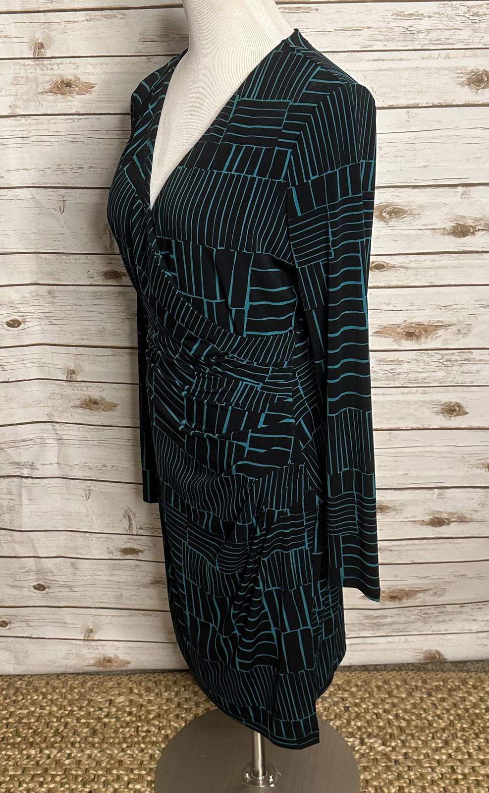 Calvin Klein classic black/teal long sleeve ruched faux wrap sheath dress 2X