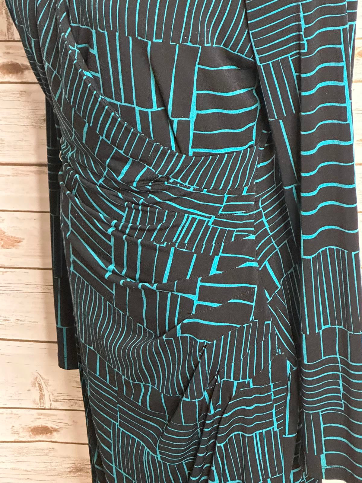 Calvin Klein classic black/teal long sleeve ruched faux wrap sheath dress 2X
