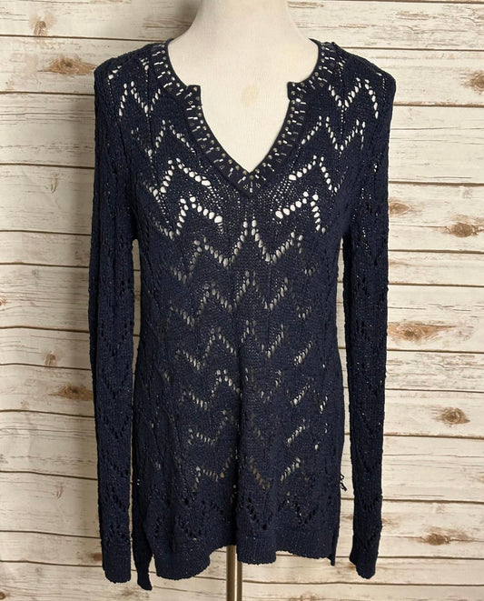 White House Black Market navy beaded keyhole neck pointelle knit tunic Large
