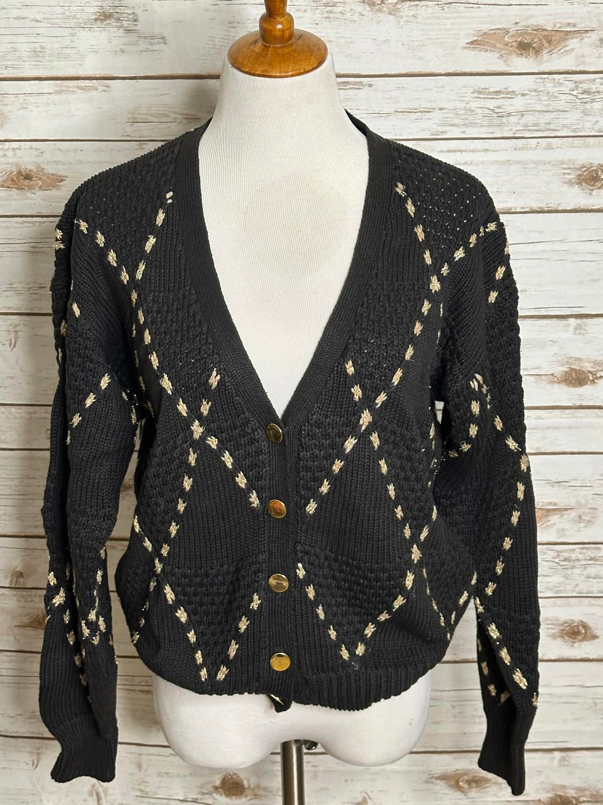 Vintage black/gold argyle long sleeve V-neck chunky knit cardigan sweater Large