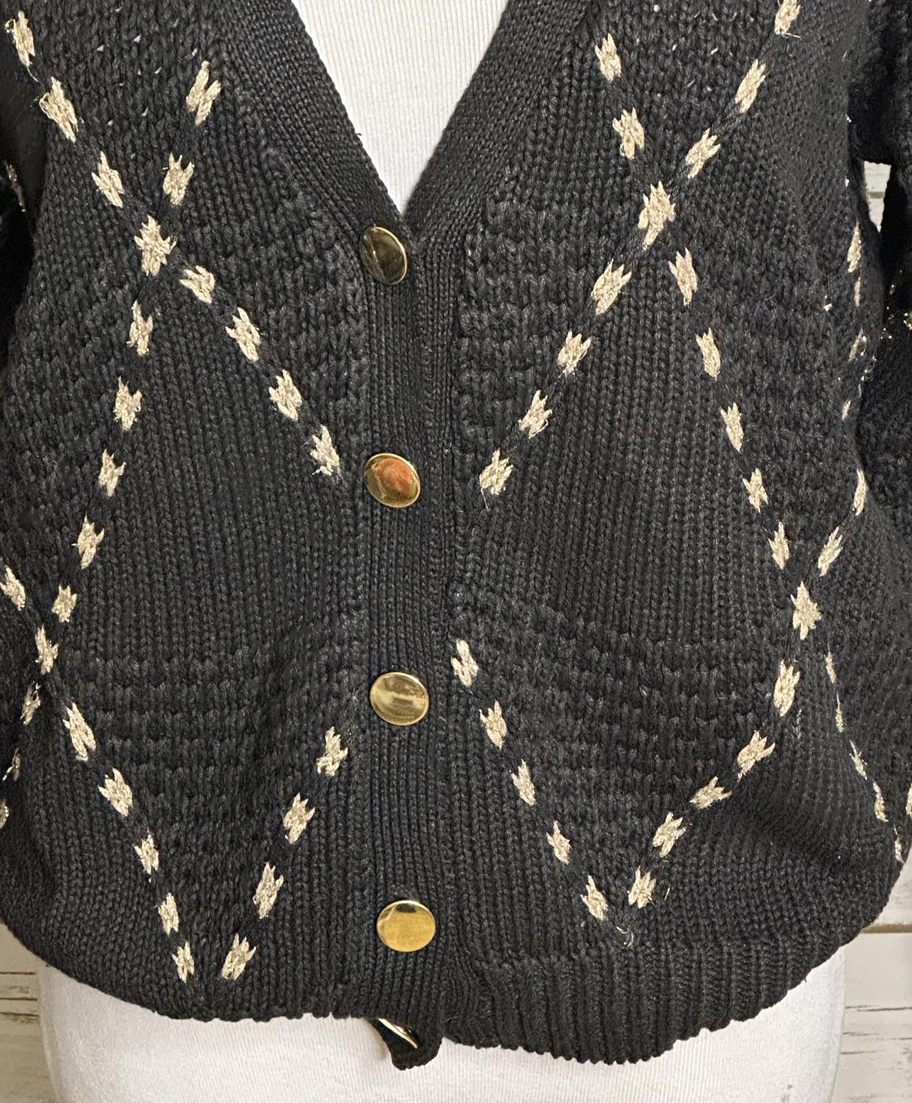 Vintage black/gold argyle long sleeve V-neck chunky knit cardigan sweater Large