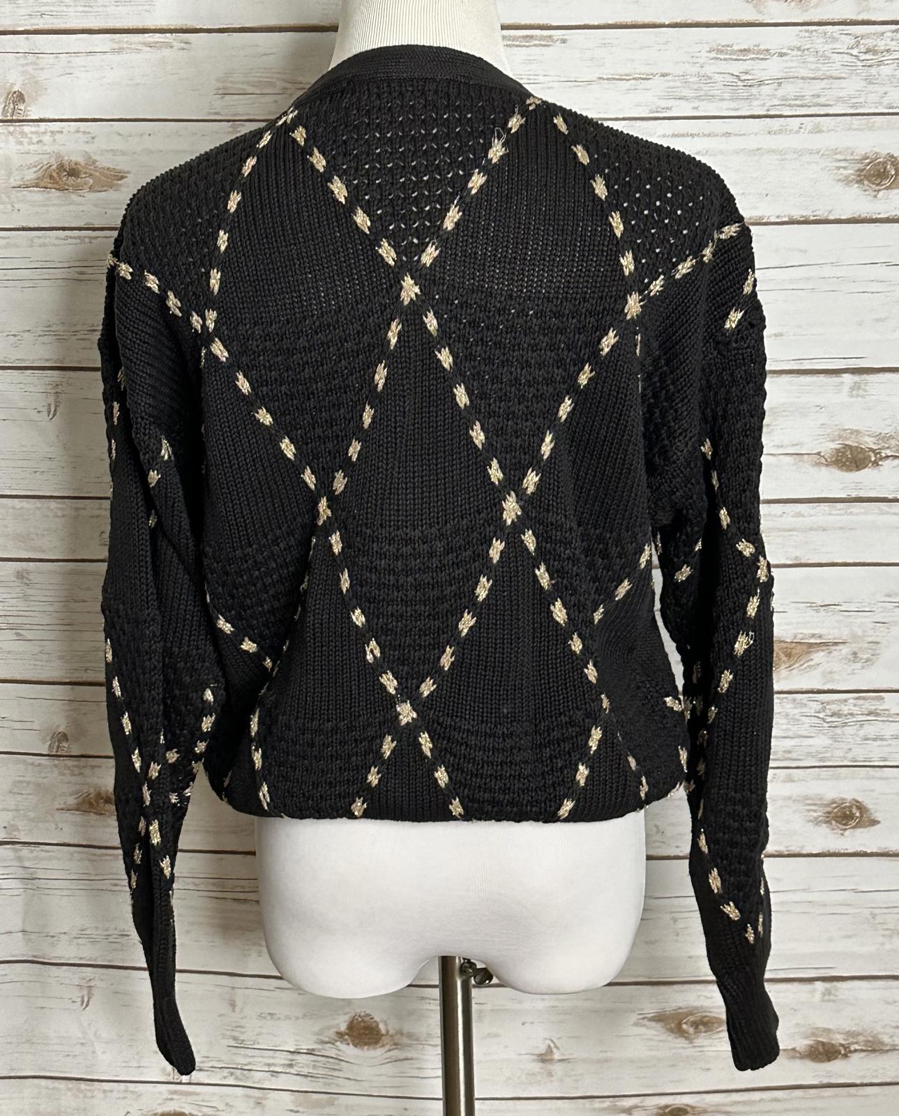 Vintage black/gold argyle long sleeve V-neck chunky knit cardigan sweater Large