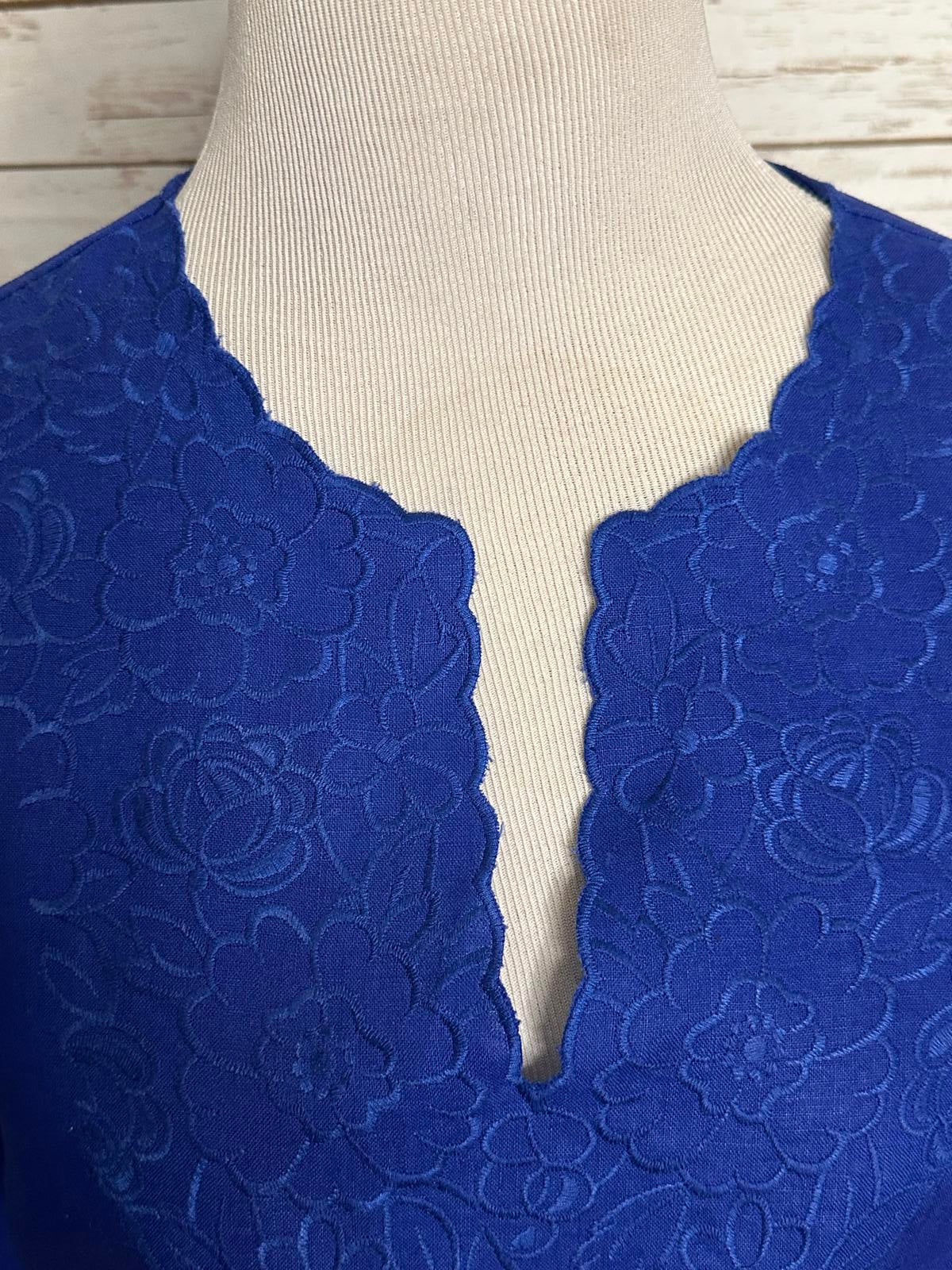 Susan Bristol coastal cobalt blue floral embroidered linen V-neck tunic Large