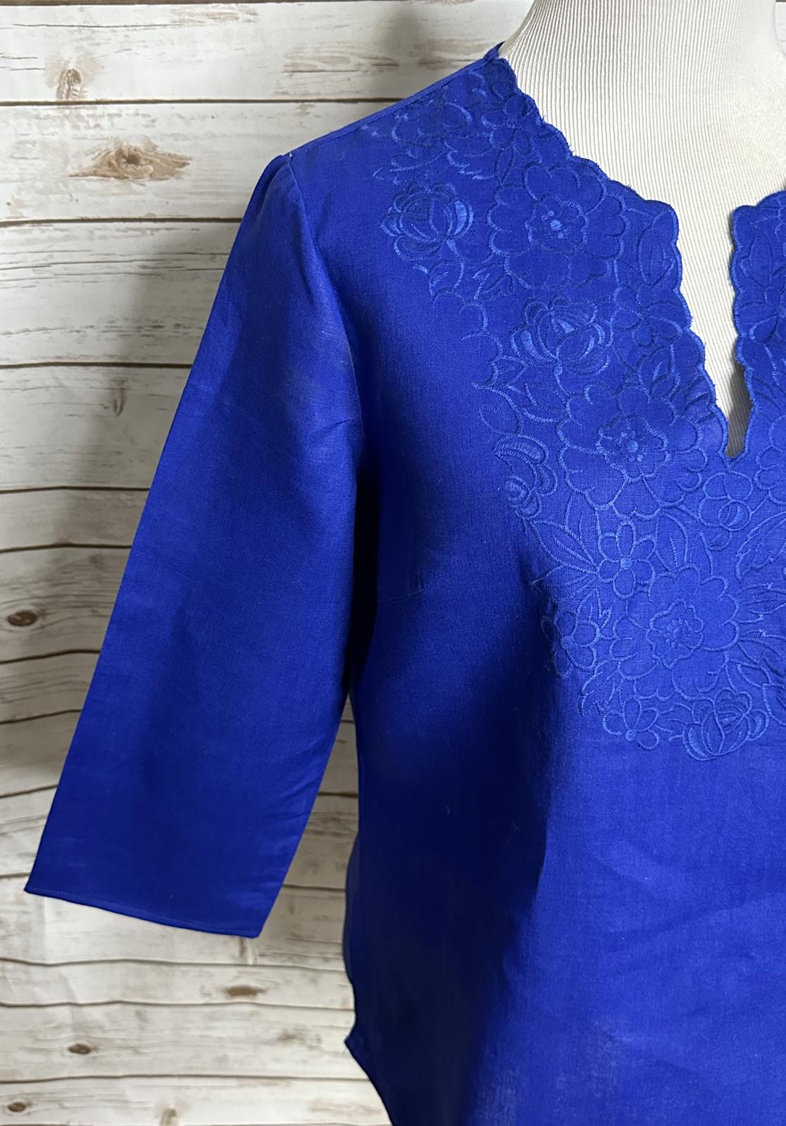 Susan Bristol coastal cobalt blue floral embroidered linen V-neck tunic Large