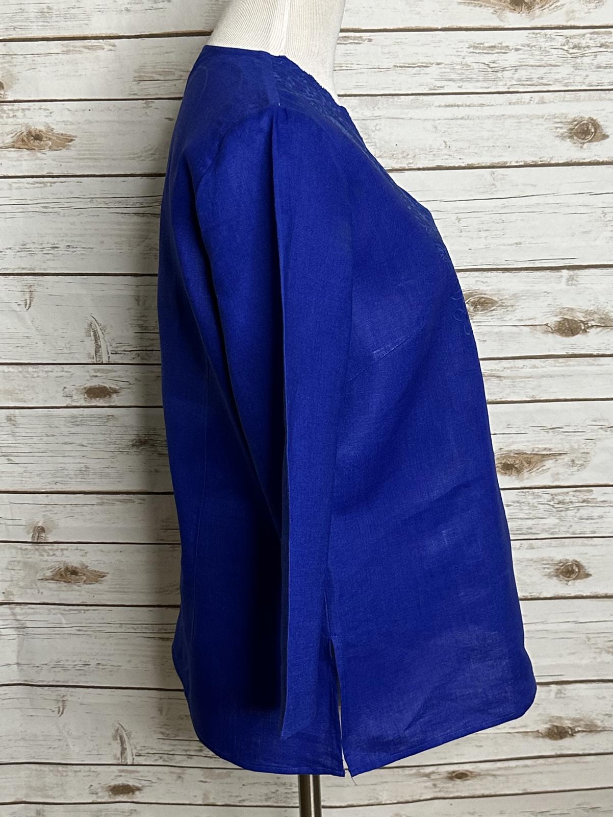 Susan Bristol coastal cobalt blue floral embroidered linen V-neck tunic Large