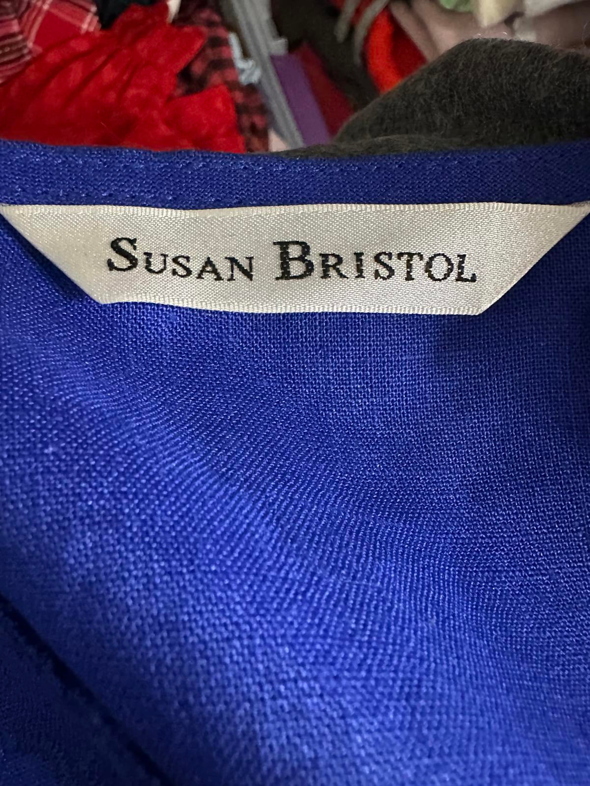 Susan Bristol coastal cobalt blue floral embroidered linen V-neck tunic Large