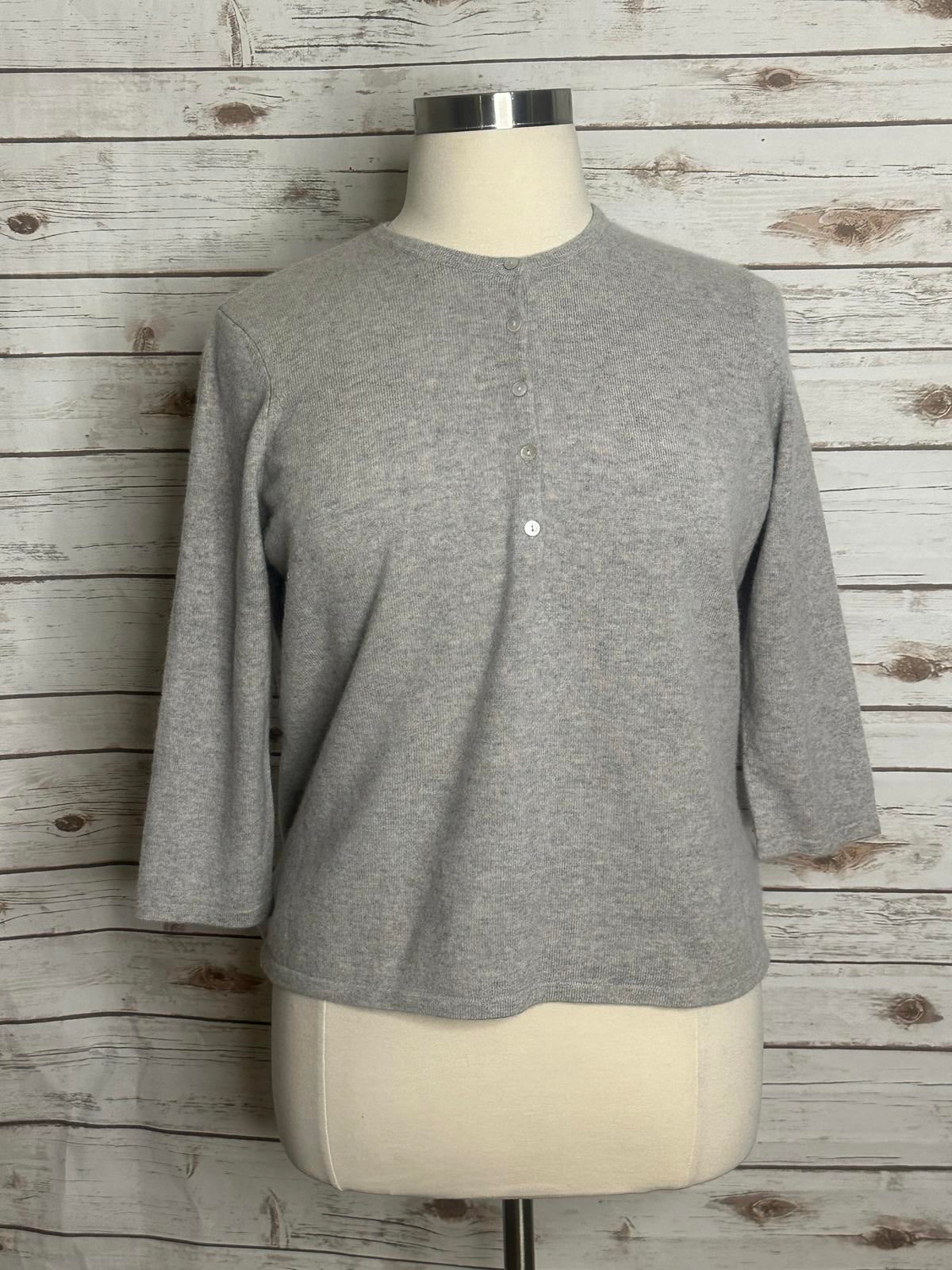 Lands' End classic grey cashmere 3/4 sleeve knit henley-style sweater Size XL