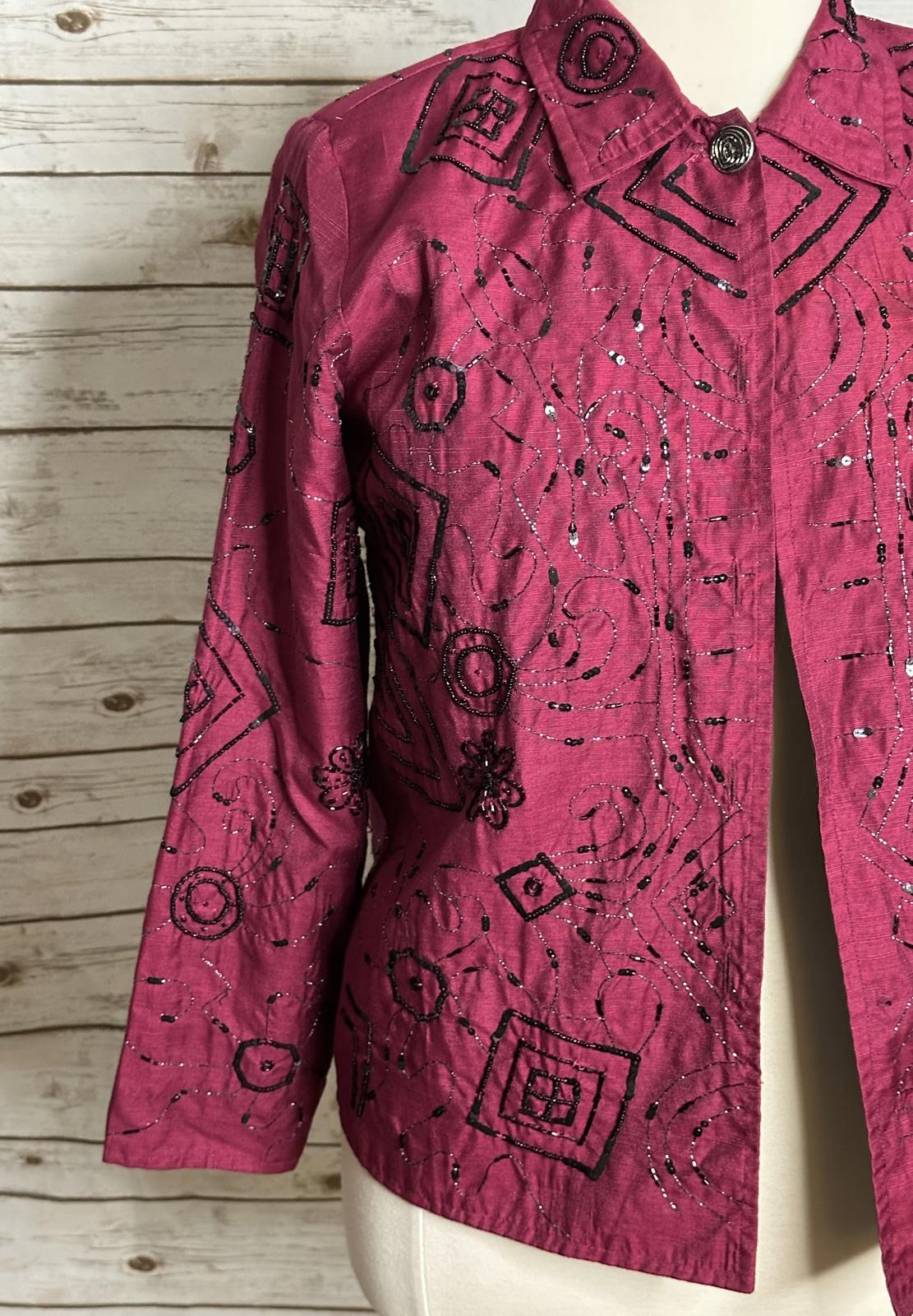Alex Kim artsy magenta/black beaded/sequin embellished evening jacket Size 1X