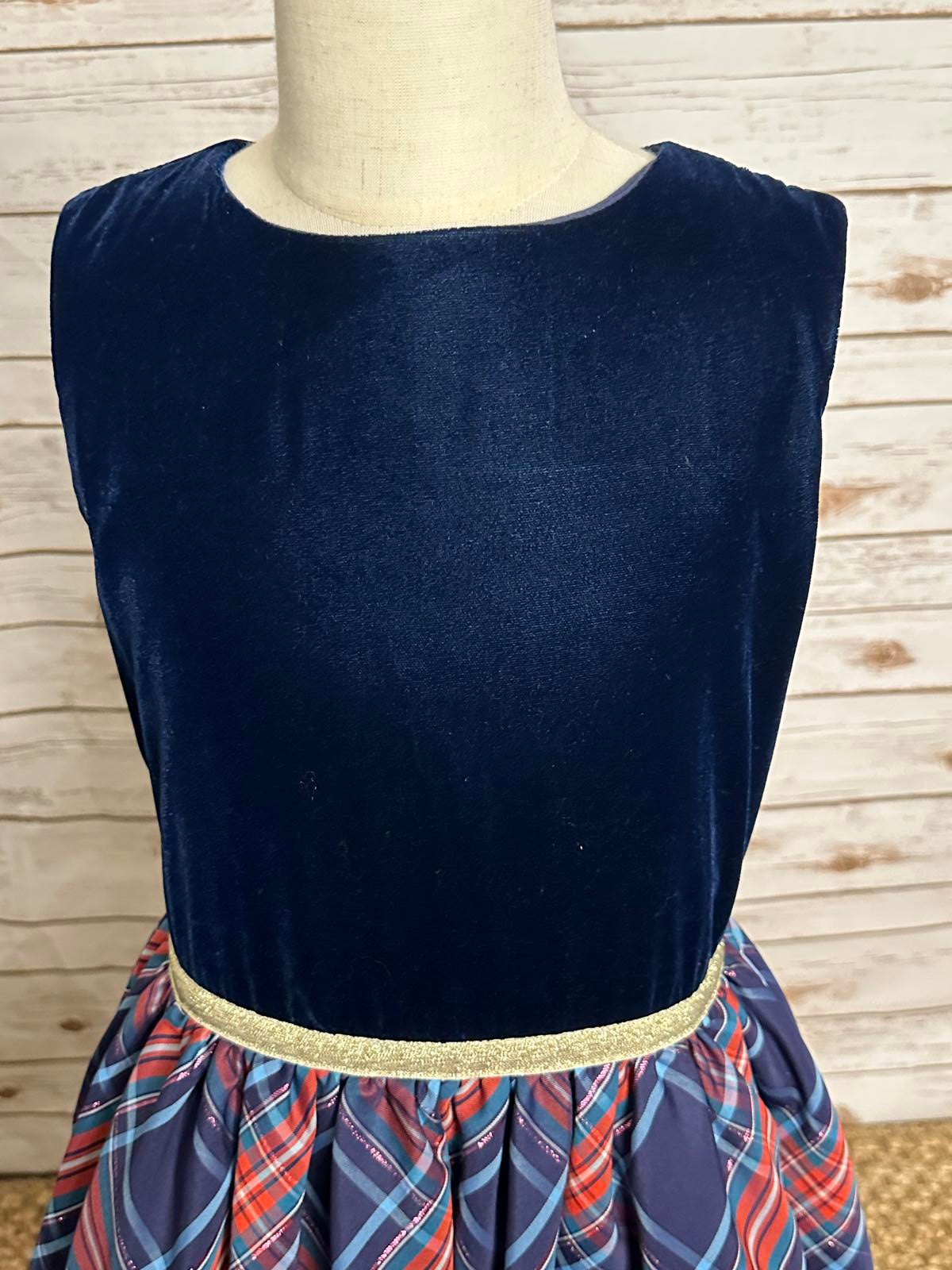 Boden navy velvet and tartan plaid sleeveless fit and flare dress Size 11-12Y
