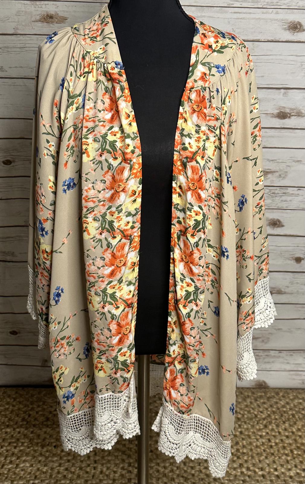 Umgee multicolored floral crochet lace trimmed open front kimono/duster/cover-up