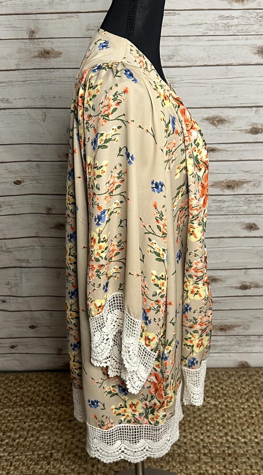 Umgee multicolored floral crochet lace trimmed open front kimono/duster/cover-up
