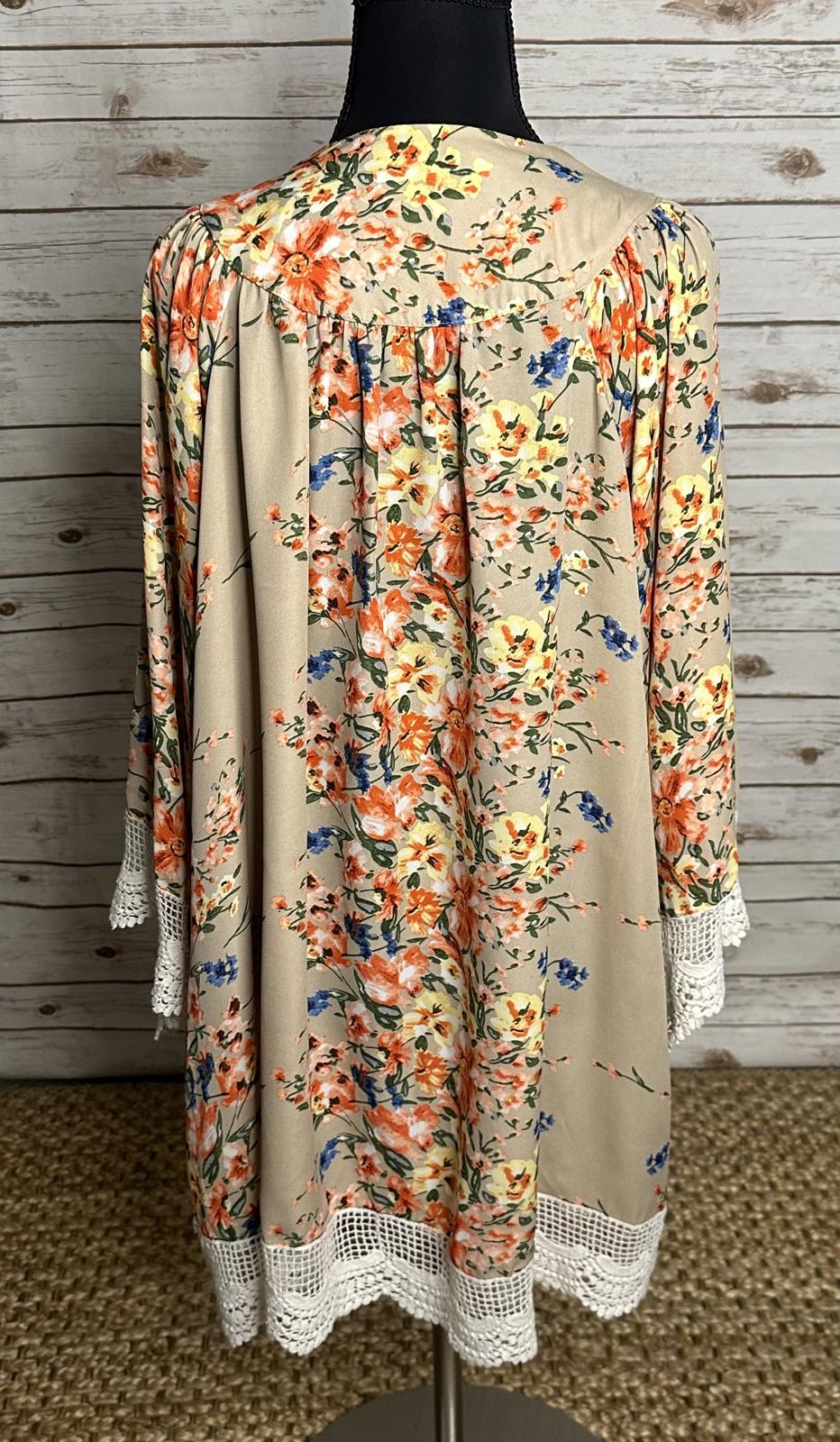 Umgee multicolored floral crochet lace trimmed open front kimono/duster/cover-up
