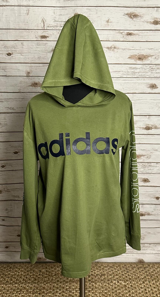 Adidas olive green cotton logo graphic hooded long sleeve t-shirt Youth L(14-16)