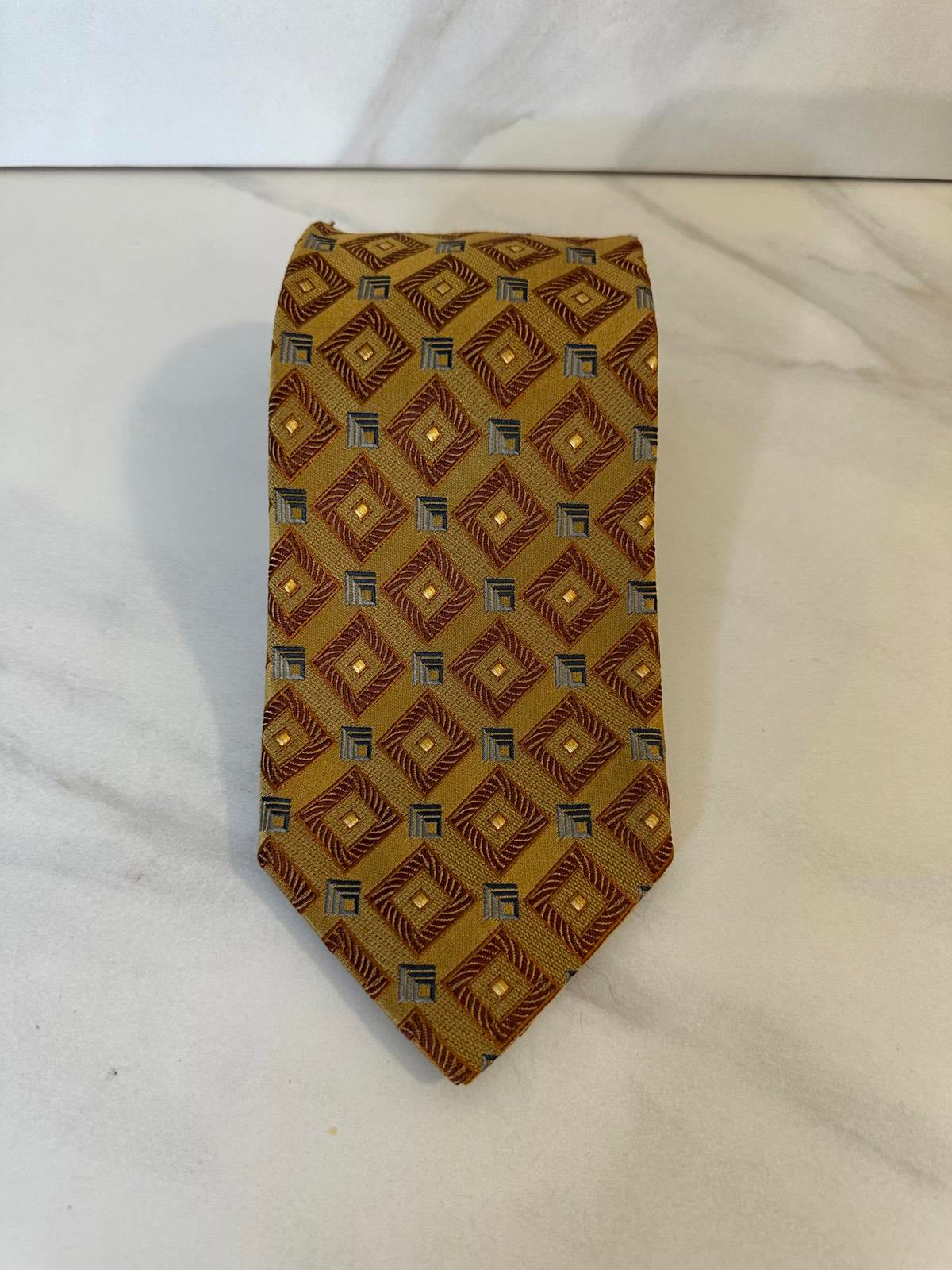 Ermenegildo Zegna classic quiet luxury tan/gold/grey geometric silk neck tie