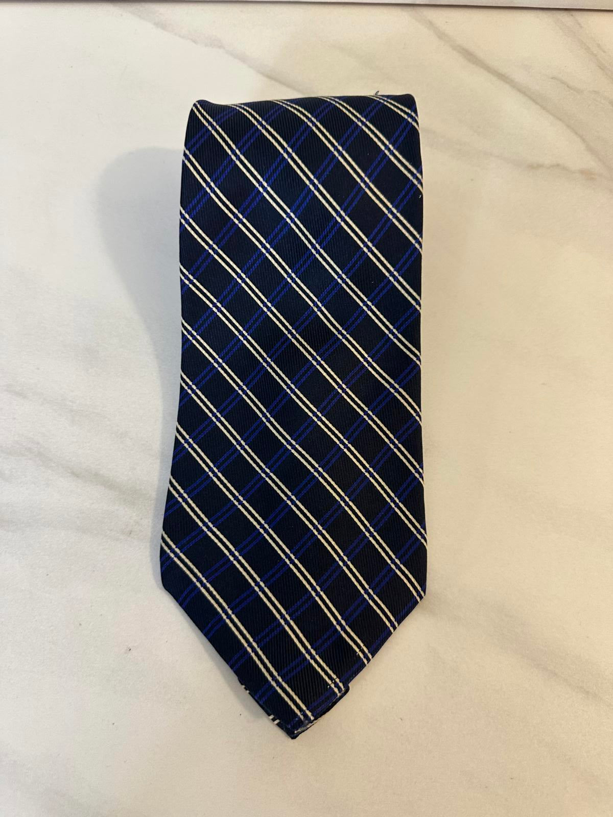 Vintage Polo by Ralph Lauren navy/royal blue/cream plaid/windowpane silk necktie
