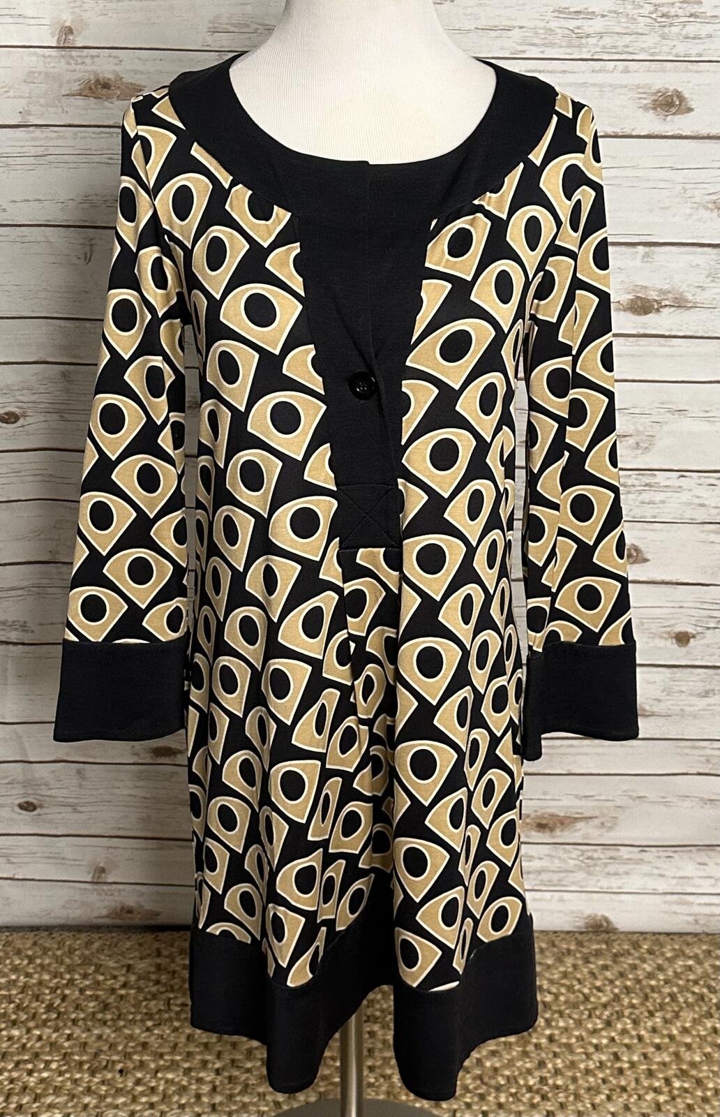 Diane von Furstenburg silk shift dress Size 10 black/gold geometric mod retro