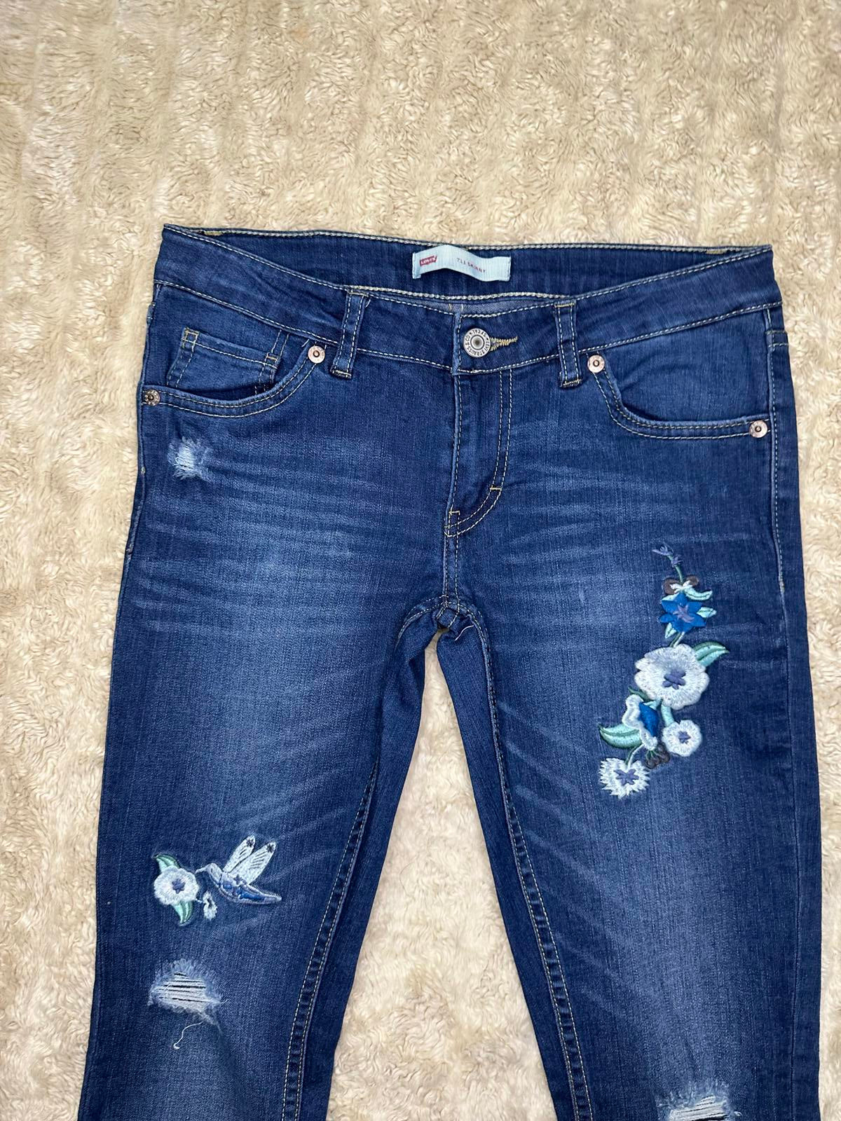 Levi's 711 Skinny distressed floral embroidered medium wash denim jeans Youth 14 Reg