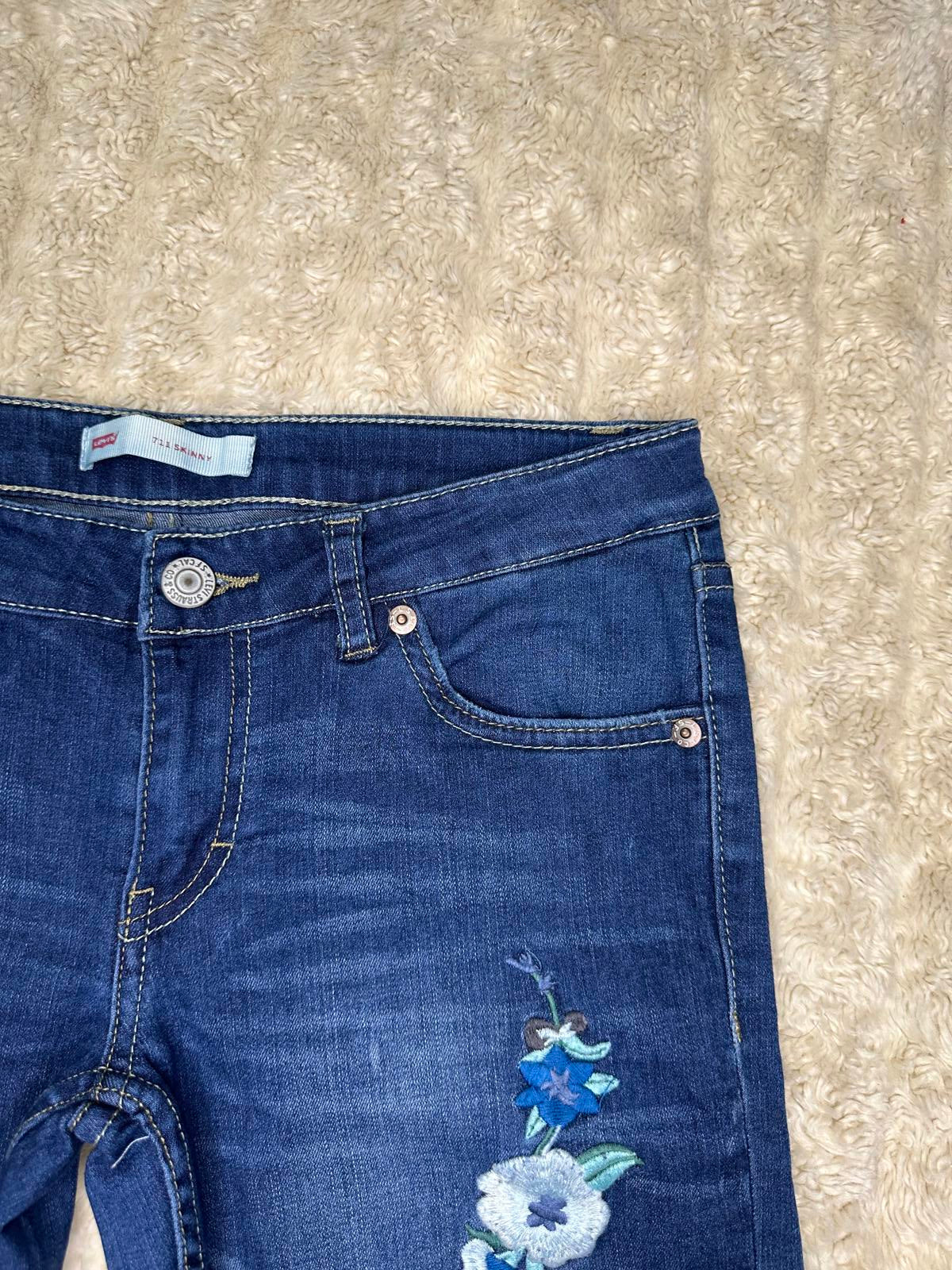 Levi's 711 Skinny distressed floral embroidered medium wash denim jeans Youth 14 Reg