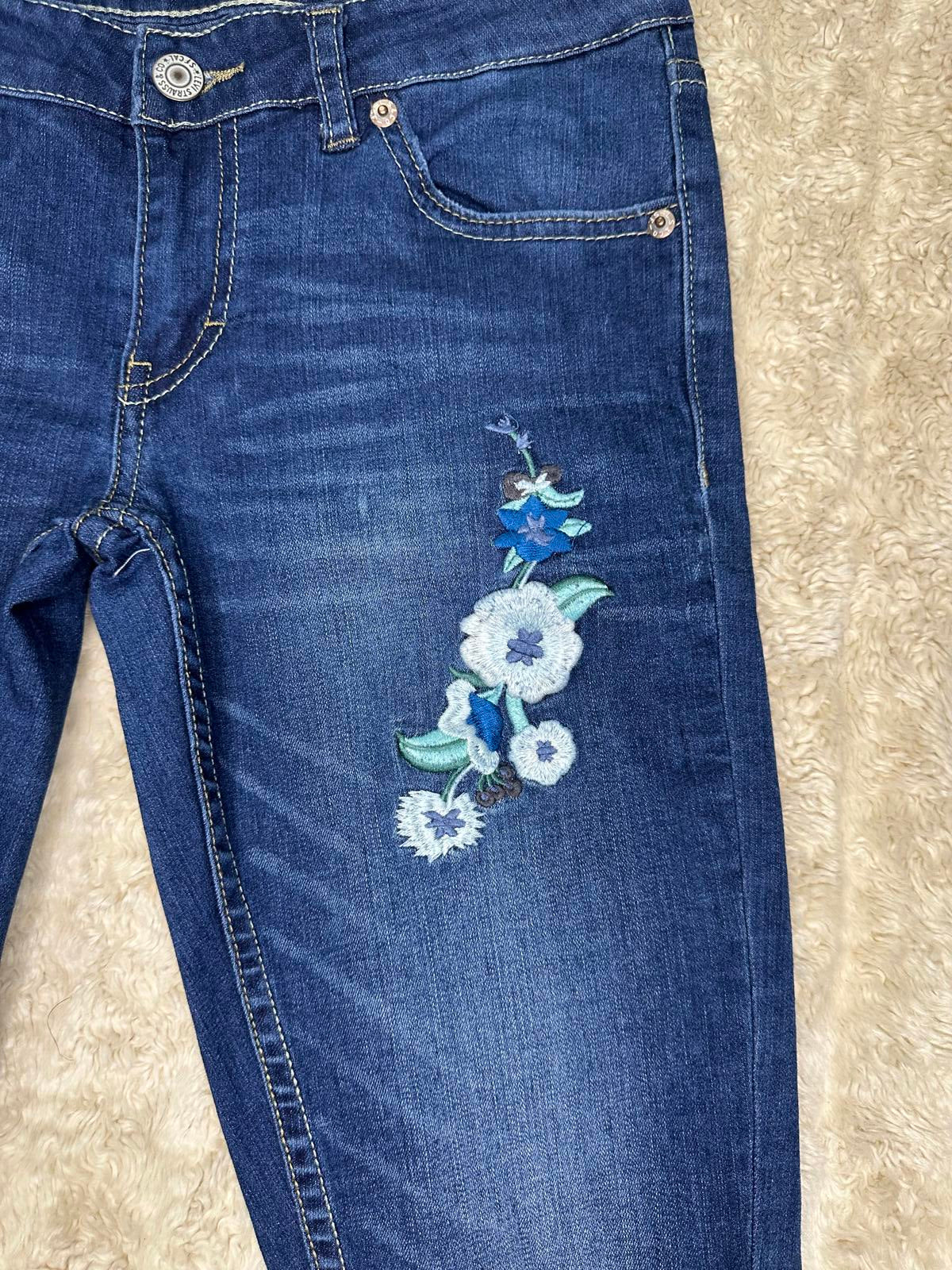 Levi's 711 Skinny distressed floral embroidered medium wash denim jeans Youth 14 Reg