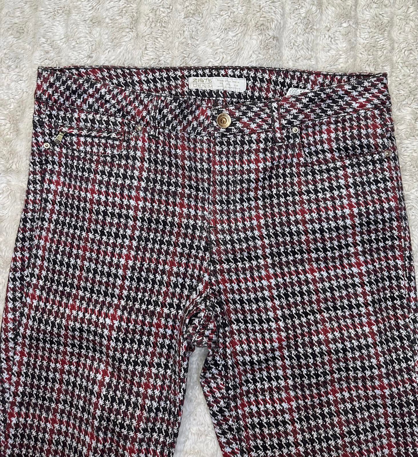 Zara red/brown/cream houndstooth plaid skinny jeans/slim stretch pants Size 6