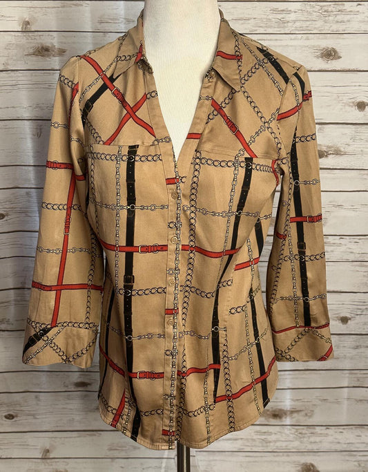 New York and Company tan equestrian collared button-up long sleeve shirt Medium
