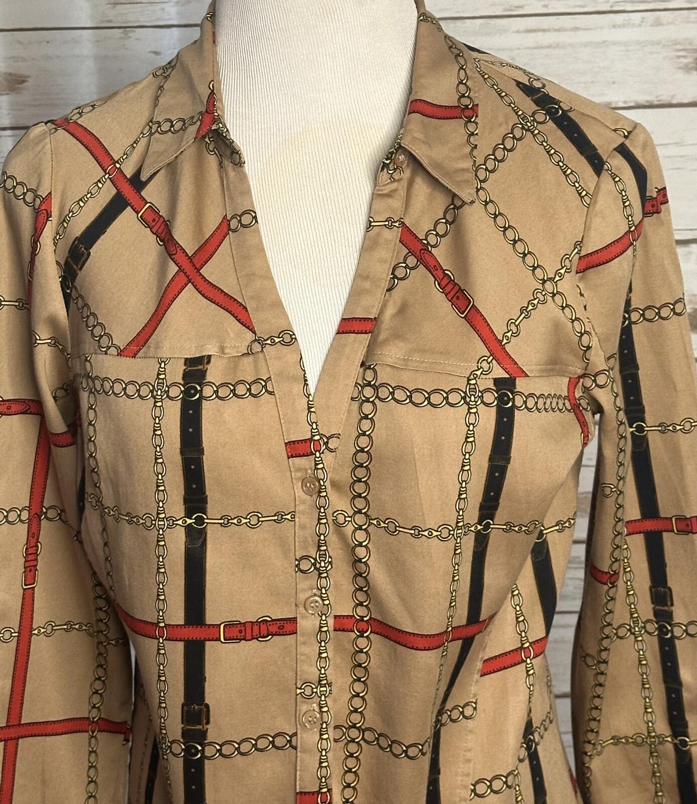 New York and Company tan equestrian collared button-up long sleeve shirt Medium