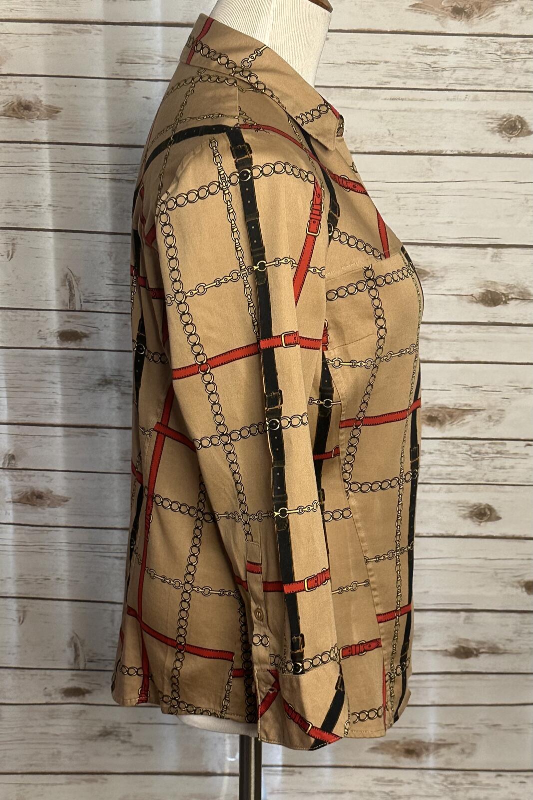 New York and Company tan equestrian collared button-up long sleeve shirt Medium