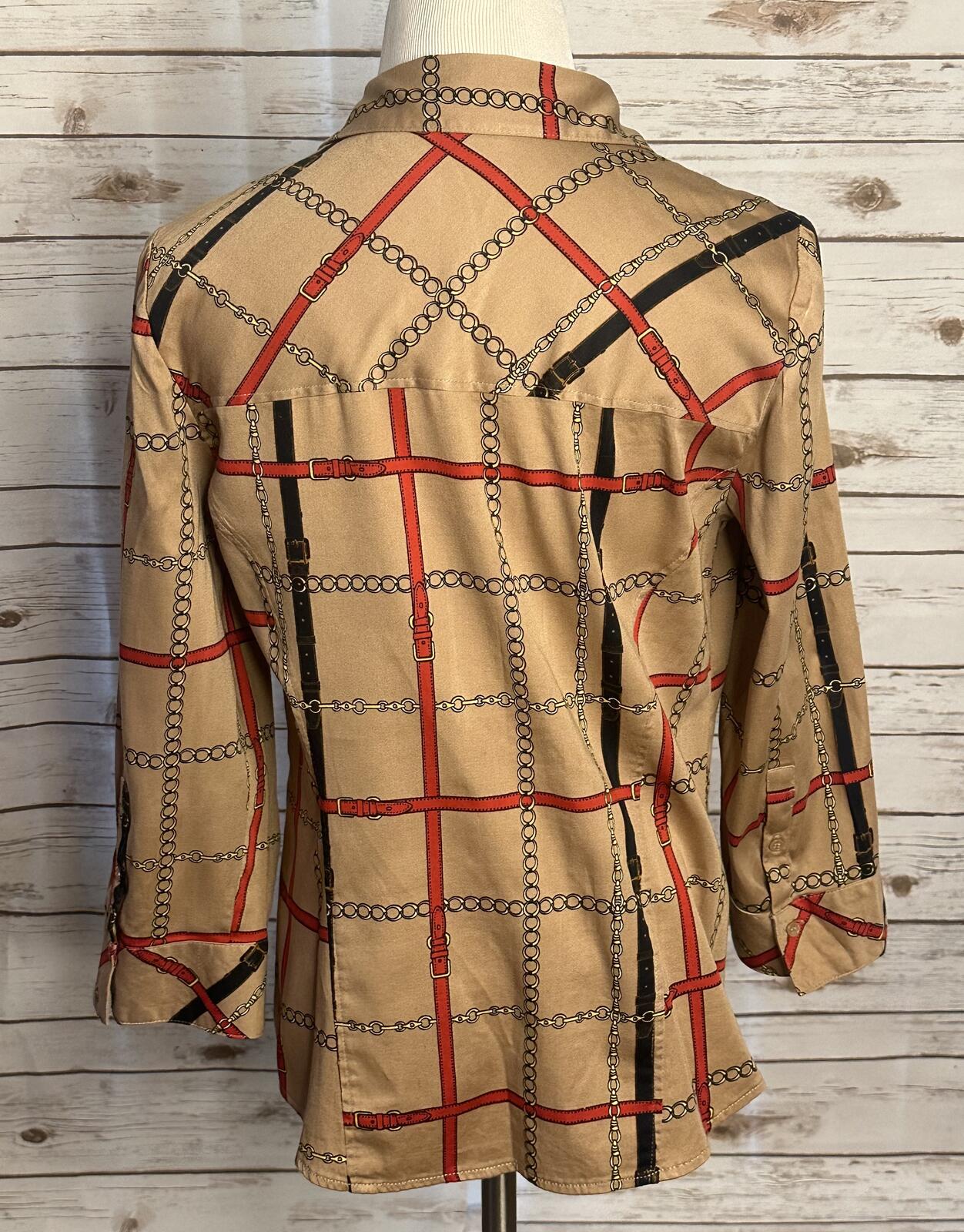 New York and Company tan equestrian collared button-up long sleeve shirt Medium