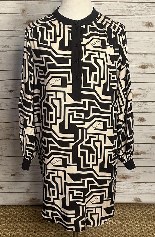 Richard Allen x H&M black cream maze print long sleeve tunic dress Size 8 mod