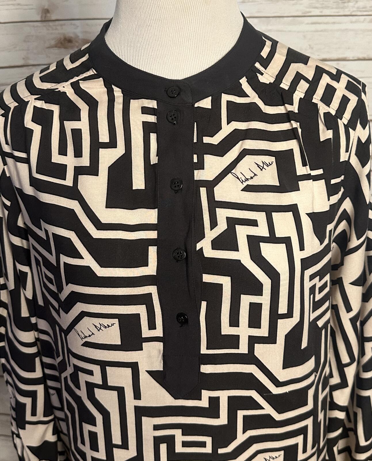 Richard Allen x H&M black cream maze print long sleeve tunic dress Size 8 mod