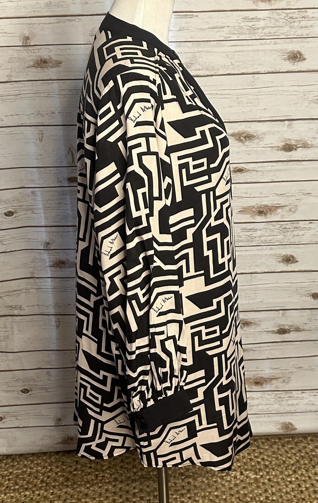 Richard Allen x H&M black cream maze print long sleeve tunic dress Size 8 mod