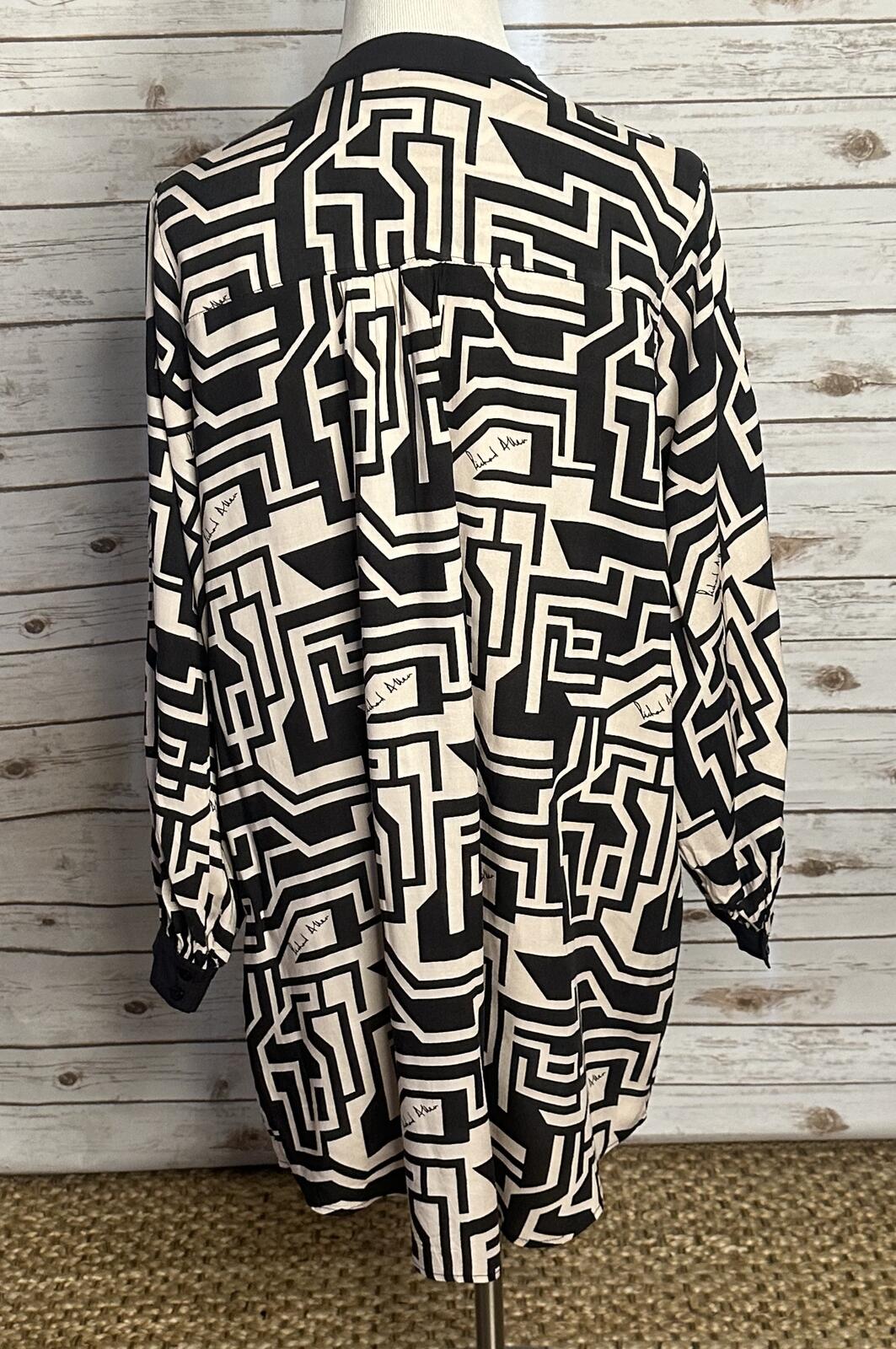 Richard Allen x H&M black cream maze print long sleeve tunic dress Size 8 mod