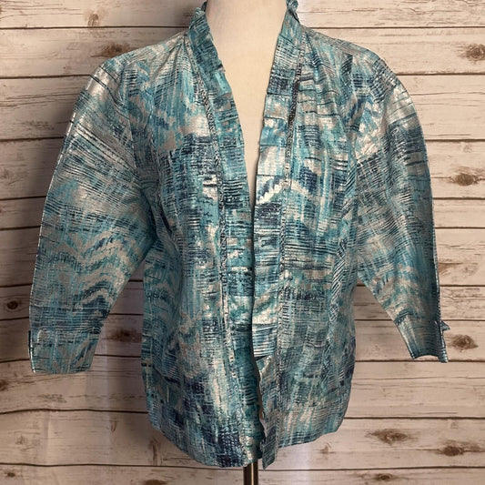 Chico's blue silver linen ruffled beaded collar open front jacket Size 3/XL/16