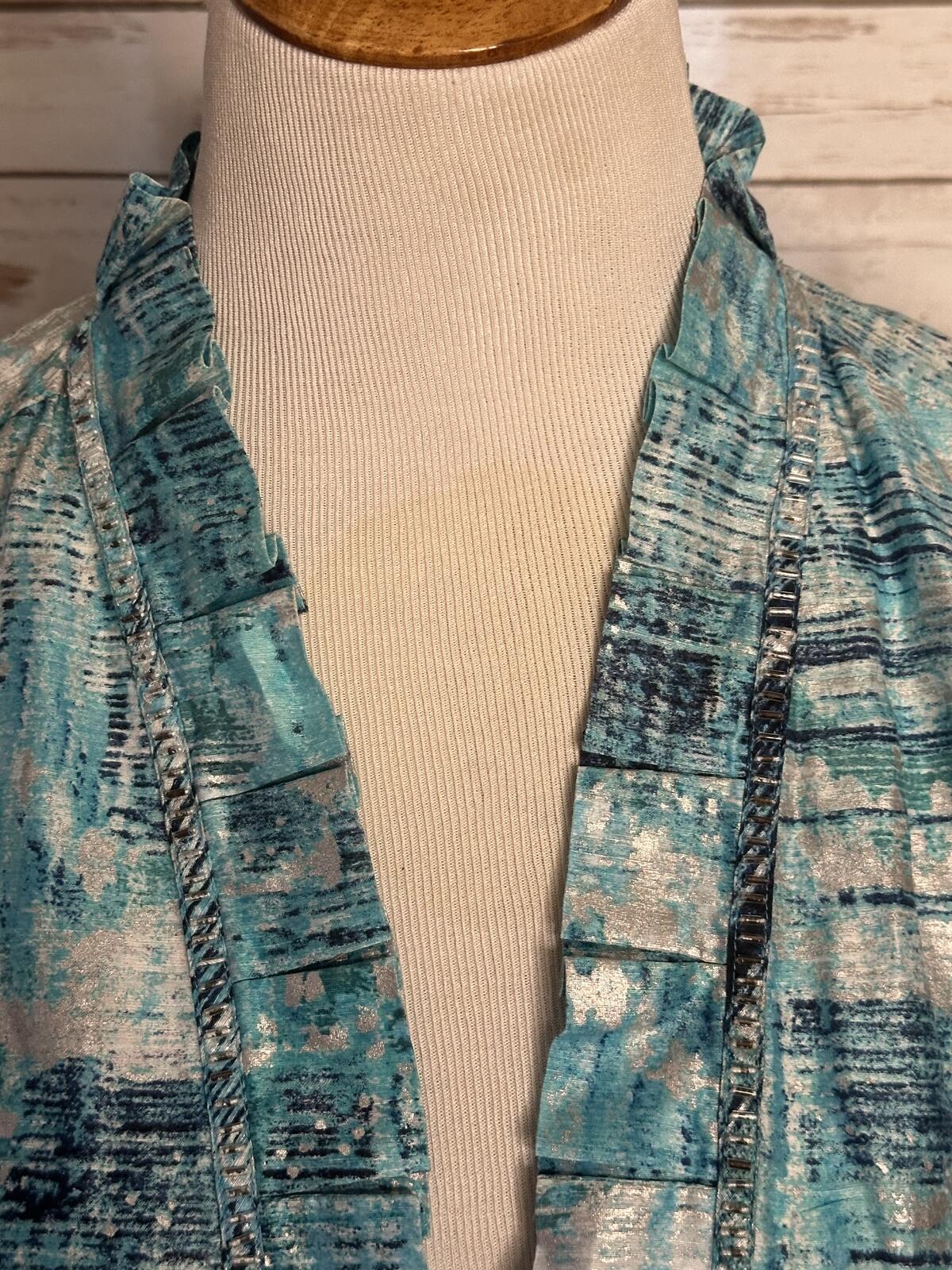 Chico's blue silver linen ruffled beaded collar open front jacket Size 3/XL/16