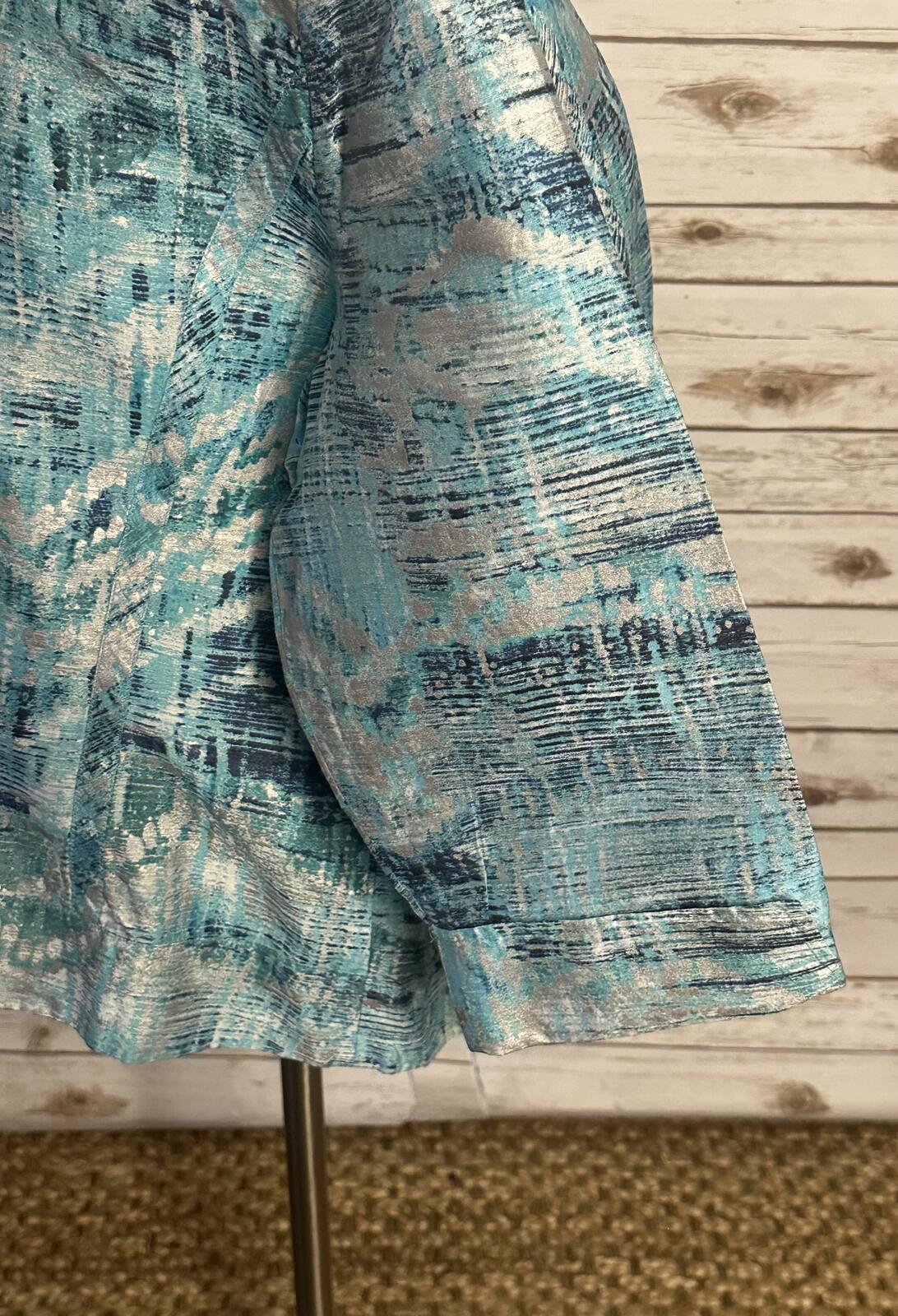 Chico's blue silver linen ruffled beaded collar open front jacket Size 3/XL/16