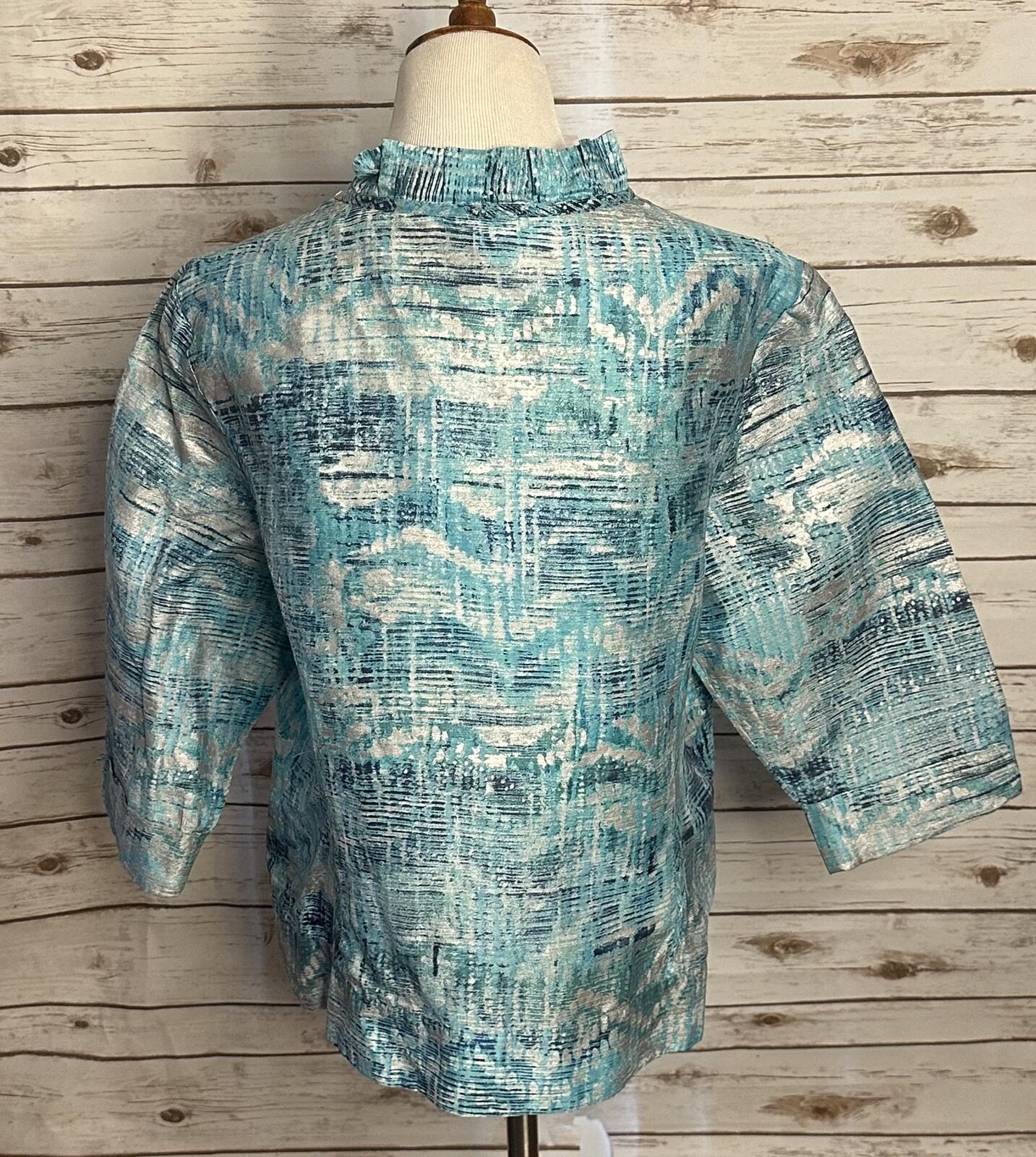 Chico's blue silver linen ruffled beaded collar open front jacket Size 3/XL/16