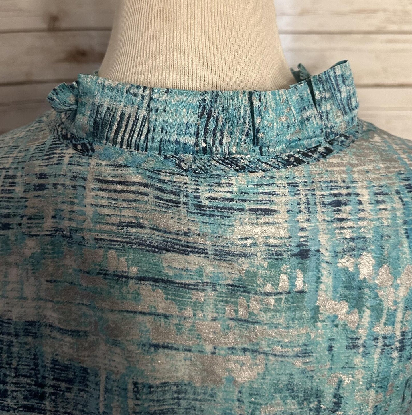 Chico's blue silver linen ruffled beaded collar open front jacket Size 3/XL/16