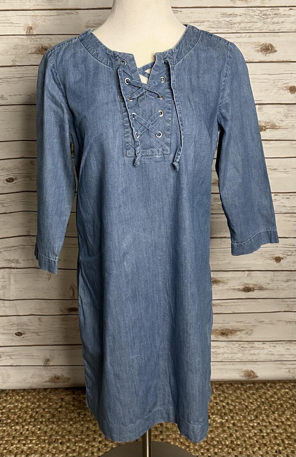 Talbots chambray blue cotton grommet lace-up shift dress Size 10 boho Western