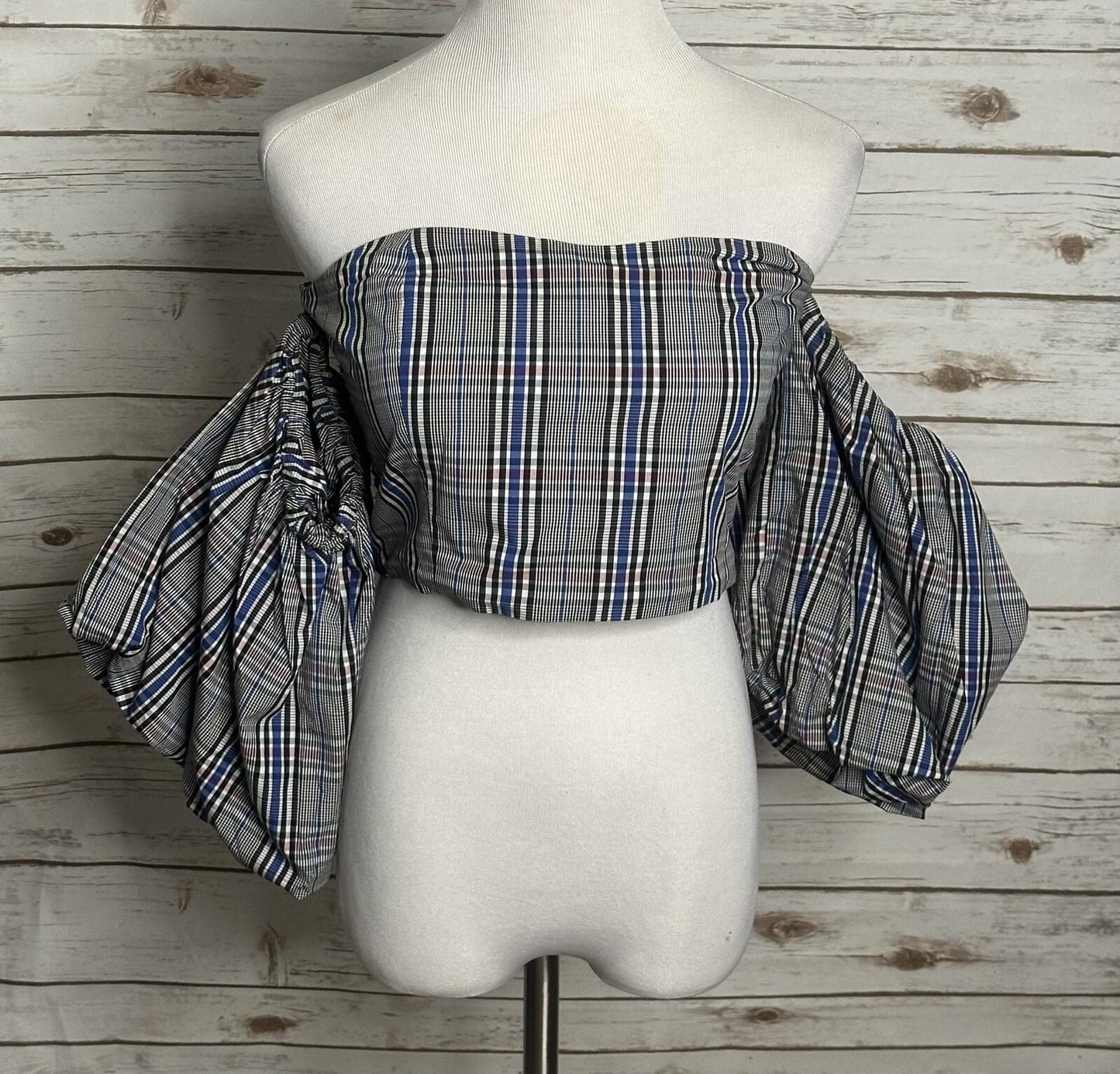 Zara Woman black white plaid off the shoulder fitted crop top Medium Y2K preppy