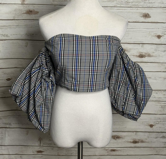 Zara Woman black white plaid off the shoulder fitted crop top Medium Y2K preppy