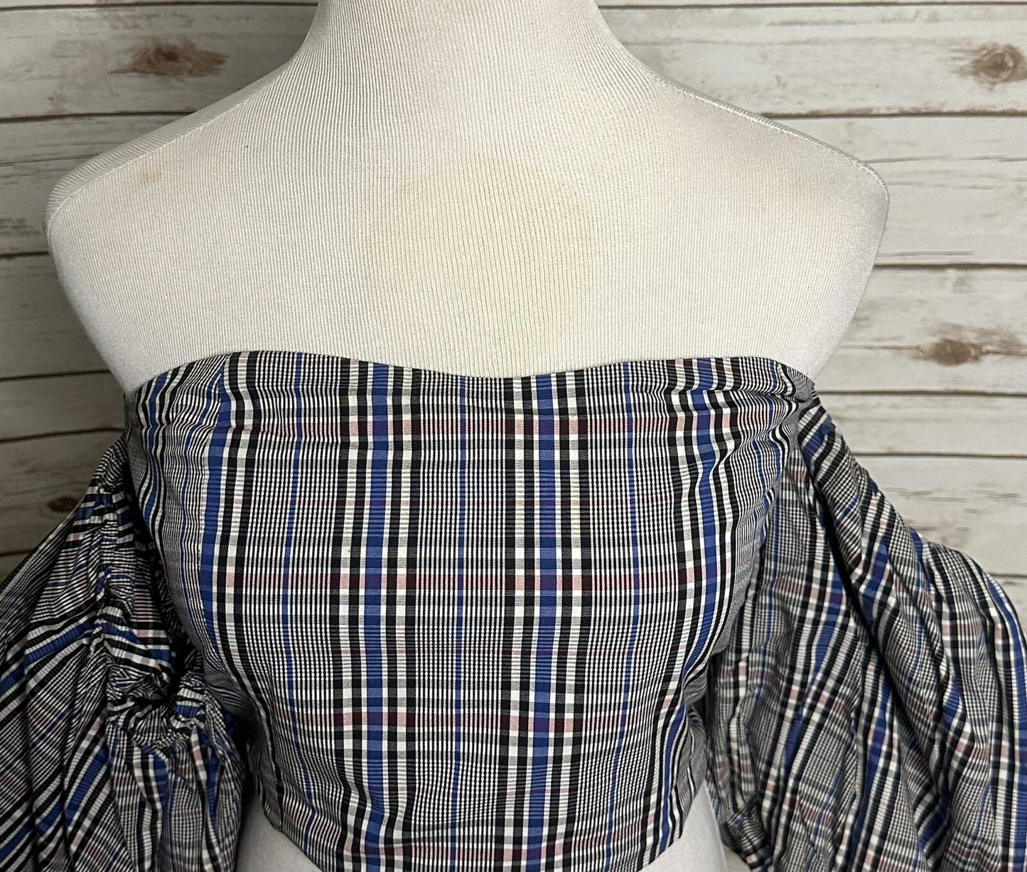 Zara Woman black white plaid off the shoulder fitted crop top Medium Y2K preppy