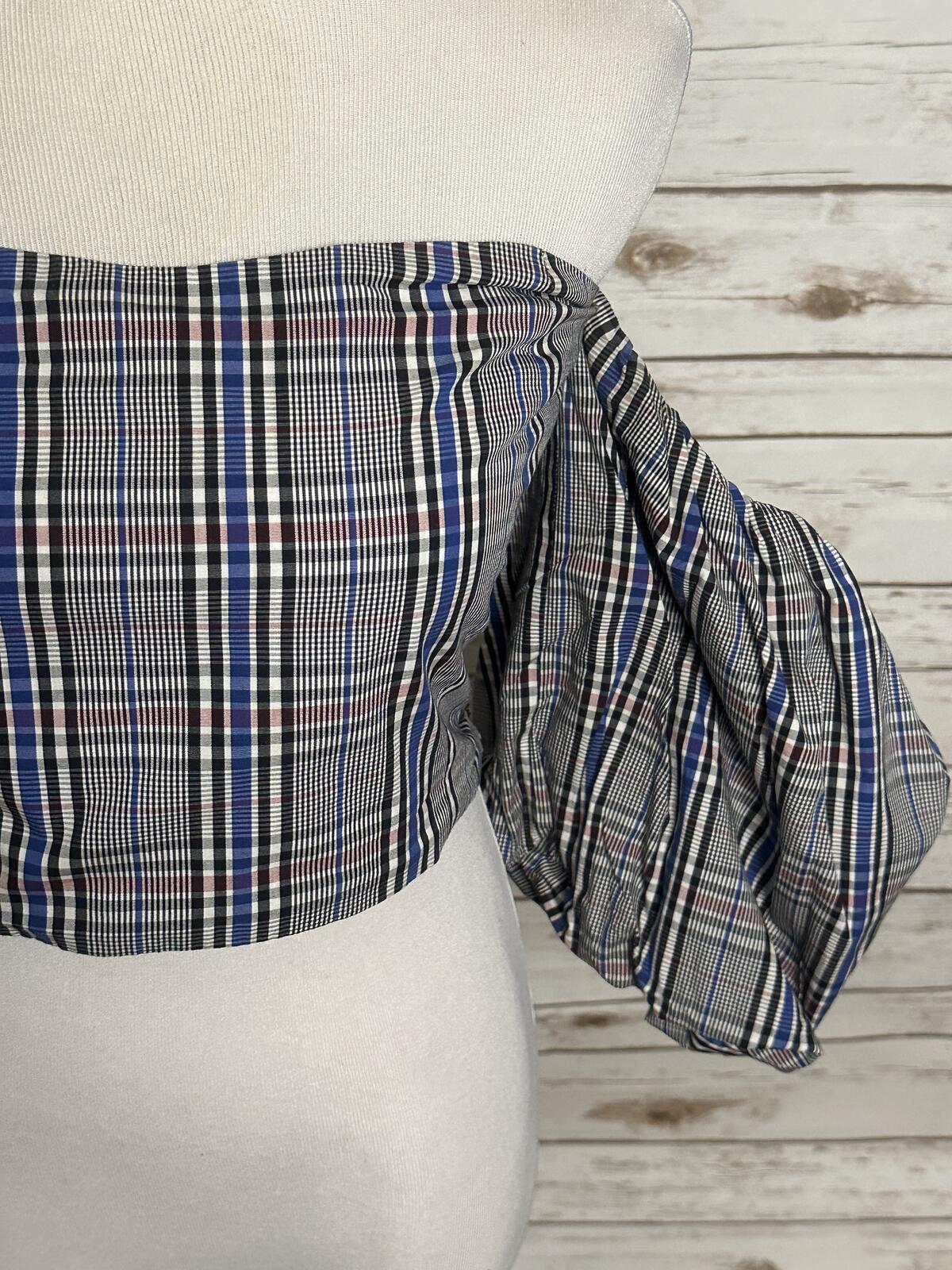 Zara Woman black white plaid off the shoulder fitted crop top Medium Y2K preppy