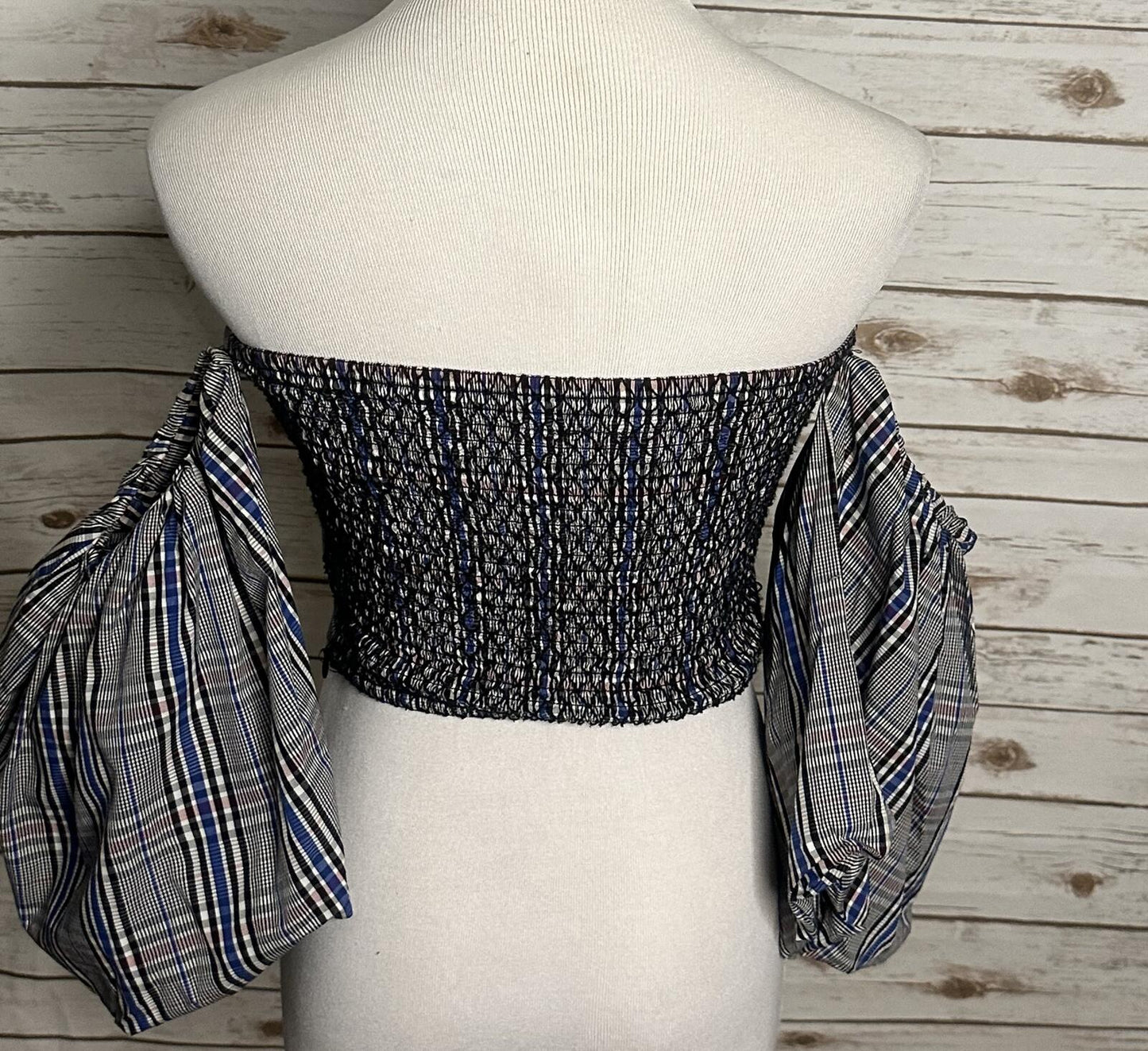 Zara Woman black white plaid off the shoulder fitted crop top Medium Y2K preppy