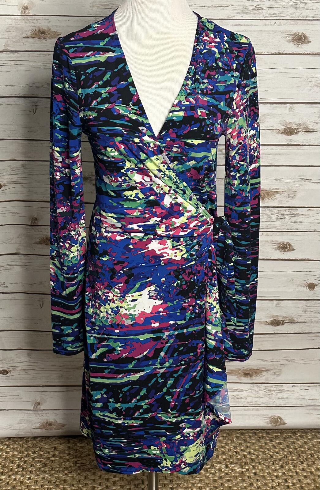 BCBGMaxAzria multicolored V-neck long sleeve wrap dress Medium dopemine artsy