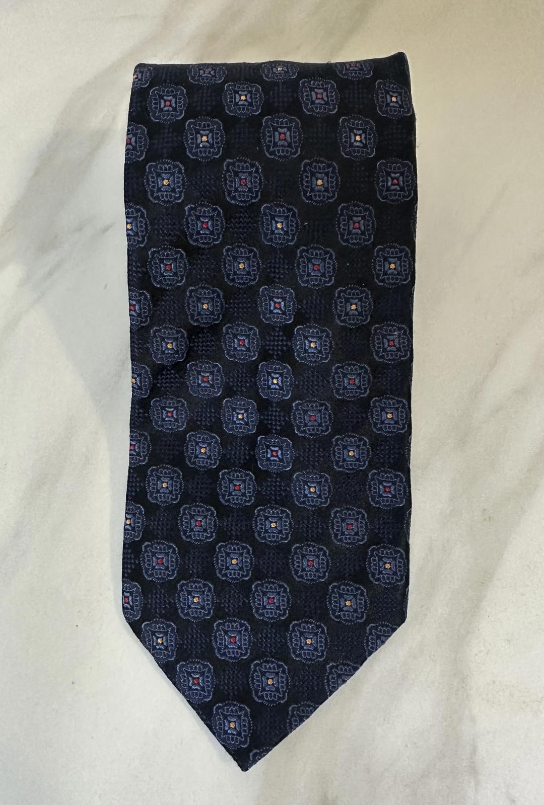 Vintage XMI Platinum classic navy blue geometric medallion silk neck tie